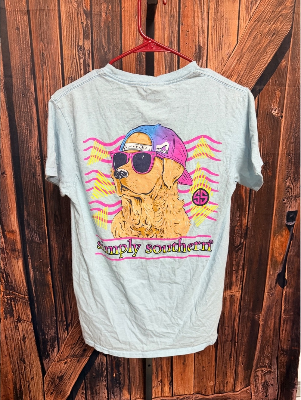Simply Southern Light Blue T-Shirt with Dog Graphic, Size Small